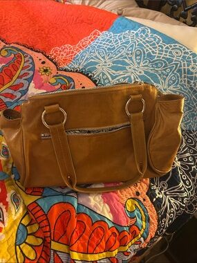 HOBO Cognac Leather Shoulder Satchel with Silver Hardware